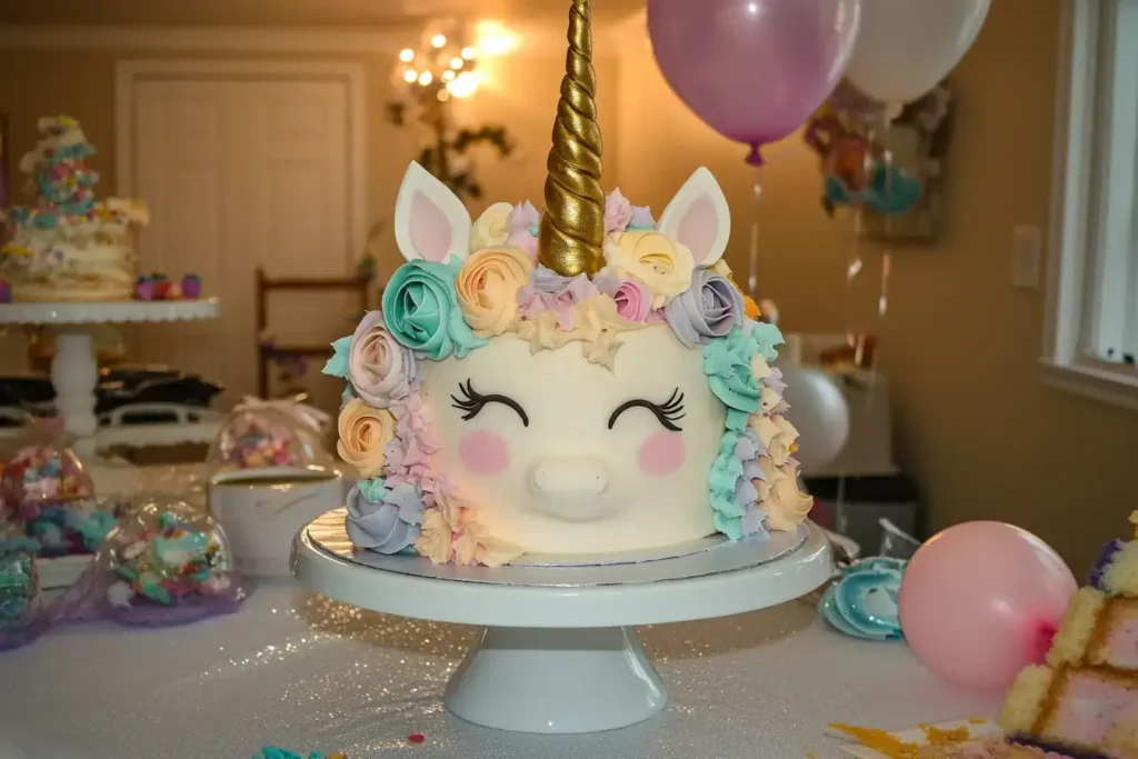 Pastel unicorn cake with golden horn and floral mane