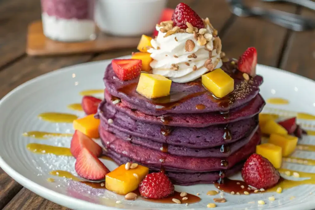 Fluffy Ube Pancakes With Toppings