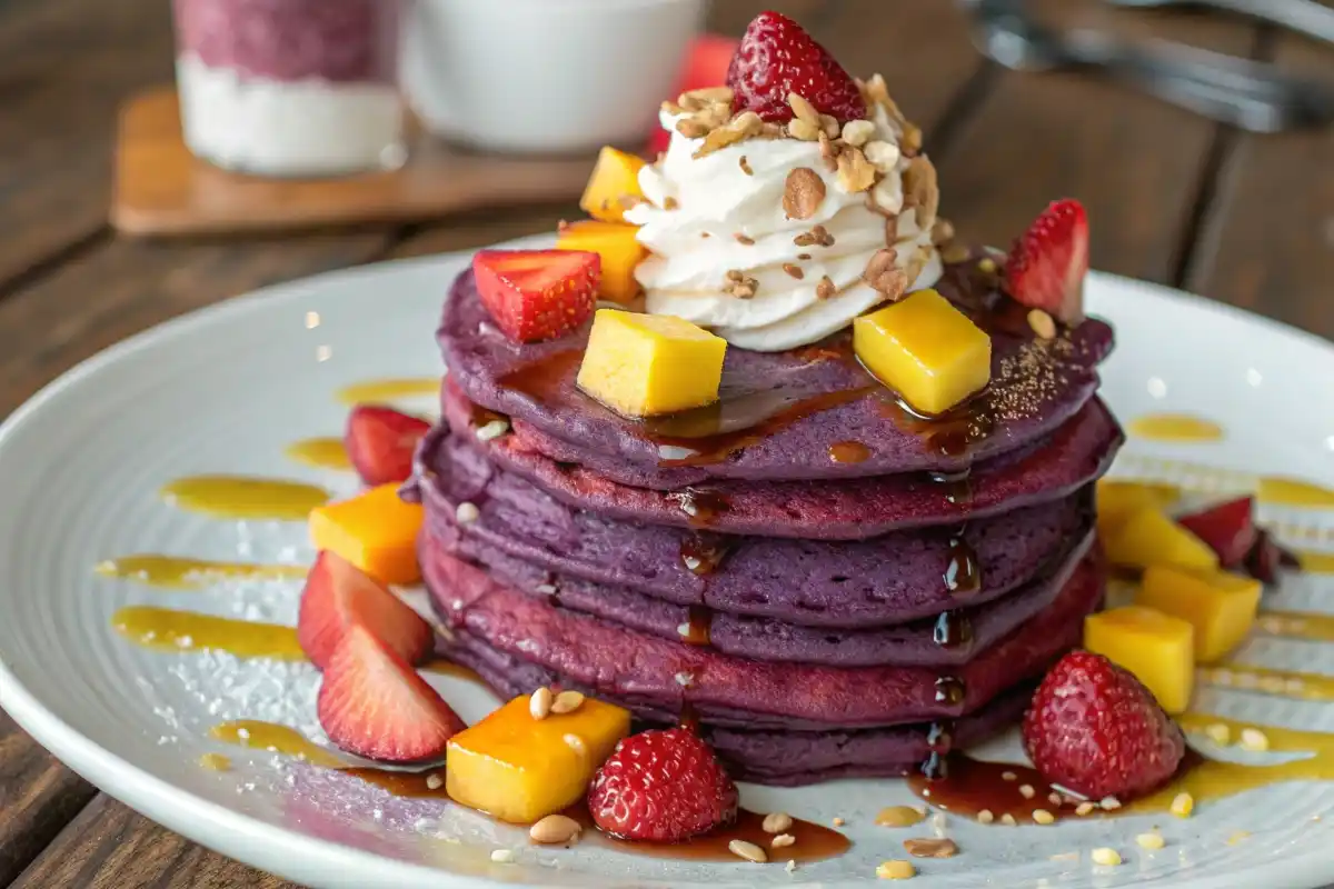 Fluffy Ube Pancakes With Toppings