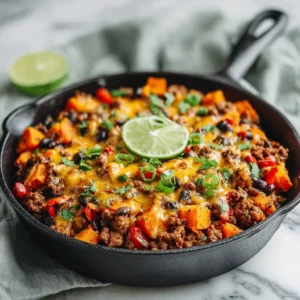 Cheesy Ground Turkey Sweet Potato Skillet