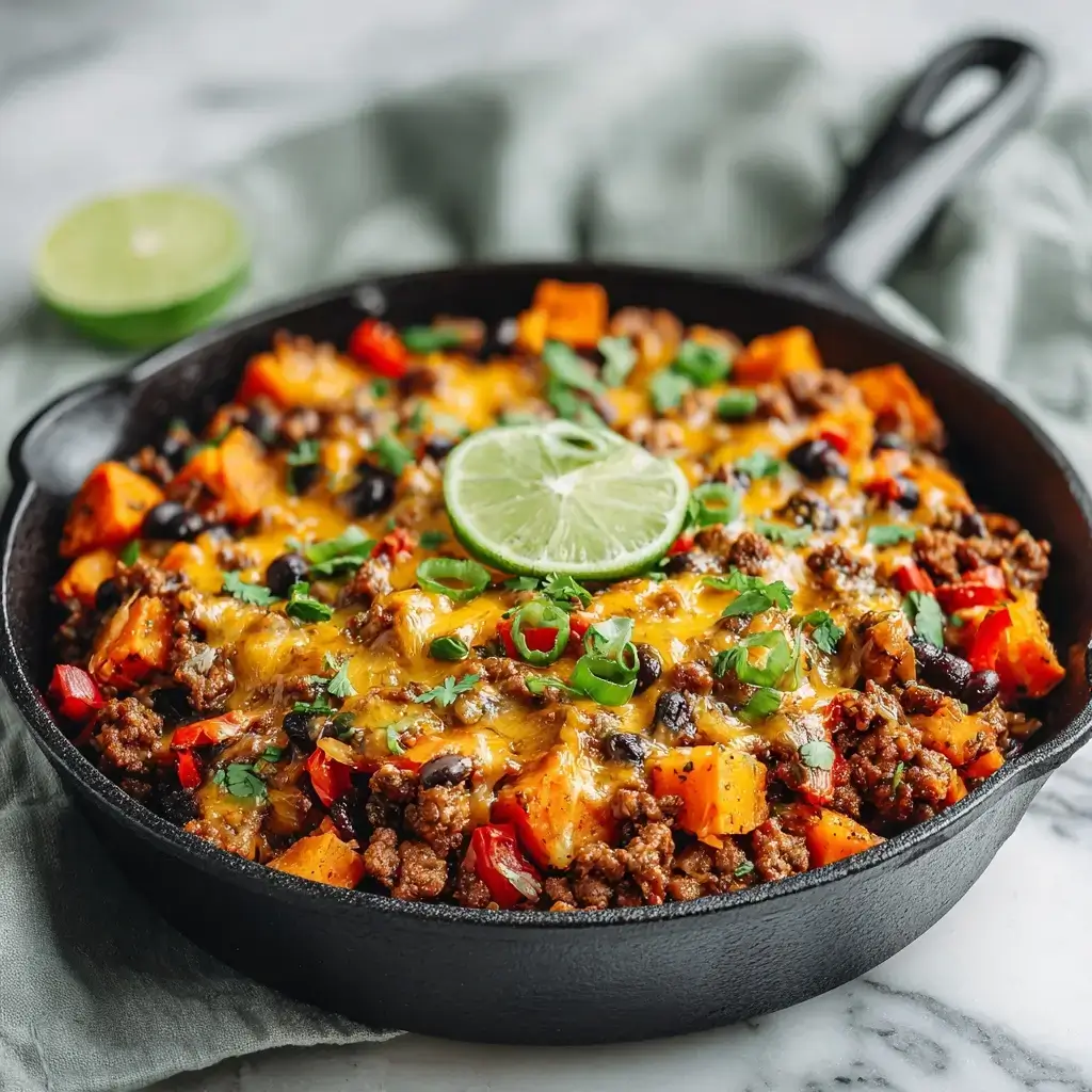 Cheesy Ground Turkey Sweet Potato Skillet