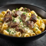 Cajun Steak Tips In Cheesy Rigatoni Parmesan Sauce