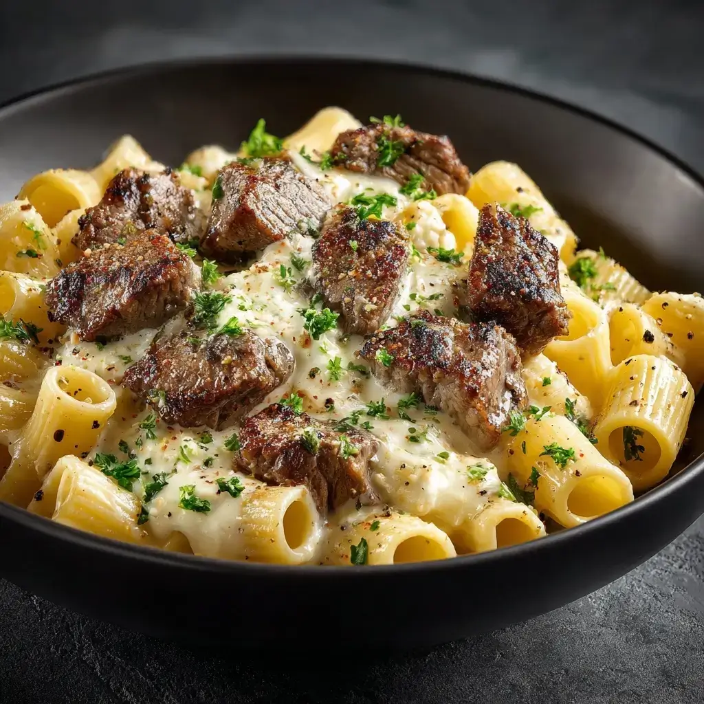 Cajun Steak Tips In Cheesy Rigatoni Parmesan Sauce