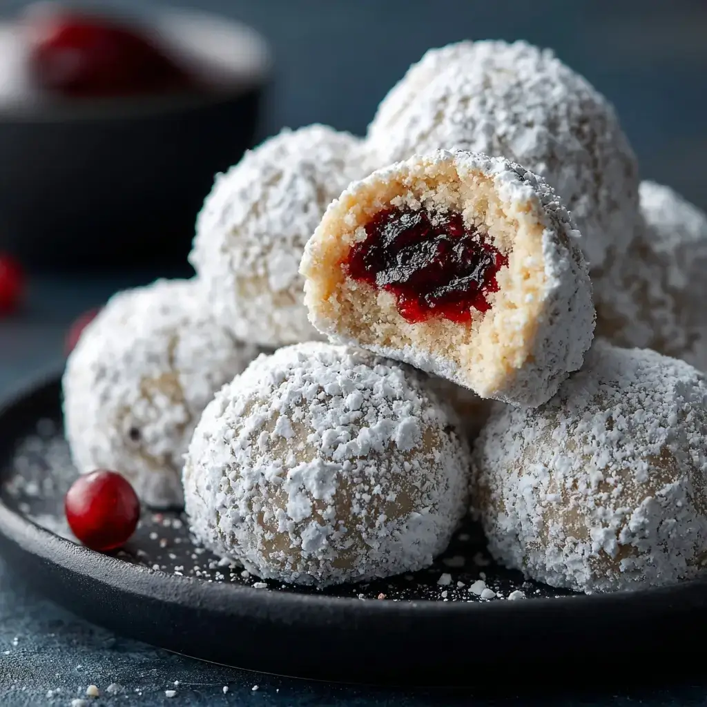 Raspberry Filled Almond Snowball Cookies