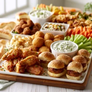 Appetizer Platter Presentation | Snack Board Of Finger Foods (wings, Sliders, Dips, Veggies, Etc.)