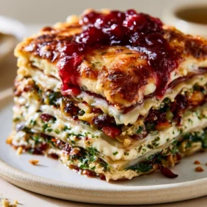 Layered Vegetarian Lasagna With A Festive Cranberry Glaze For Thanksgiving Dinner