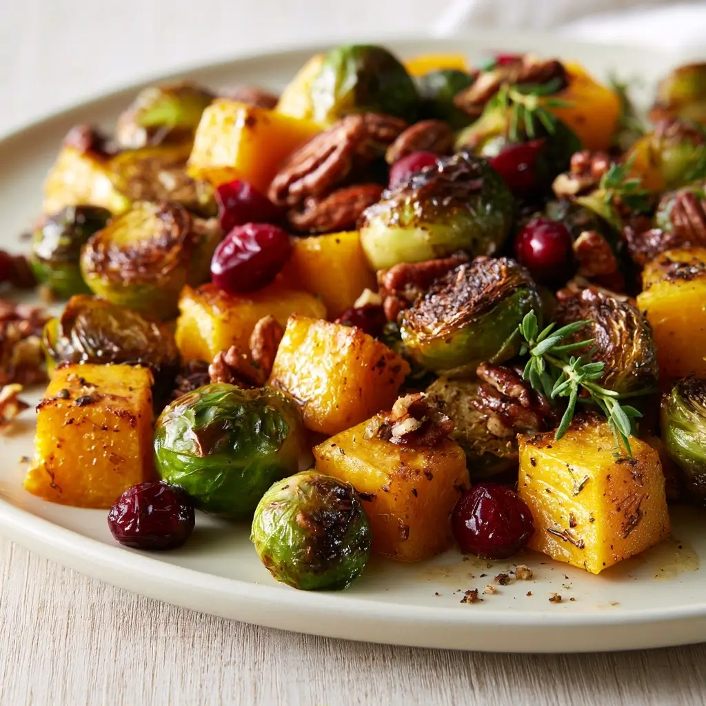 Roasted Butternut Squash And Brussels Sprouts With Pecans And Cranberries Recipe For Thanksgiving