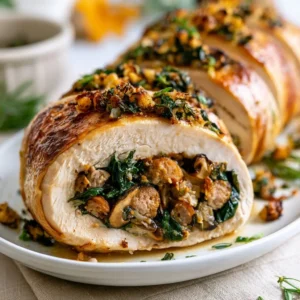 Stuffed Turkey Breast With Sausage, Mushrooms And Swiss Chard For Thanksgiving Dinner