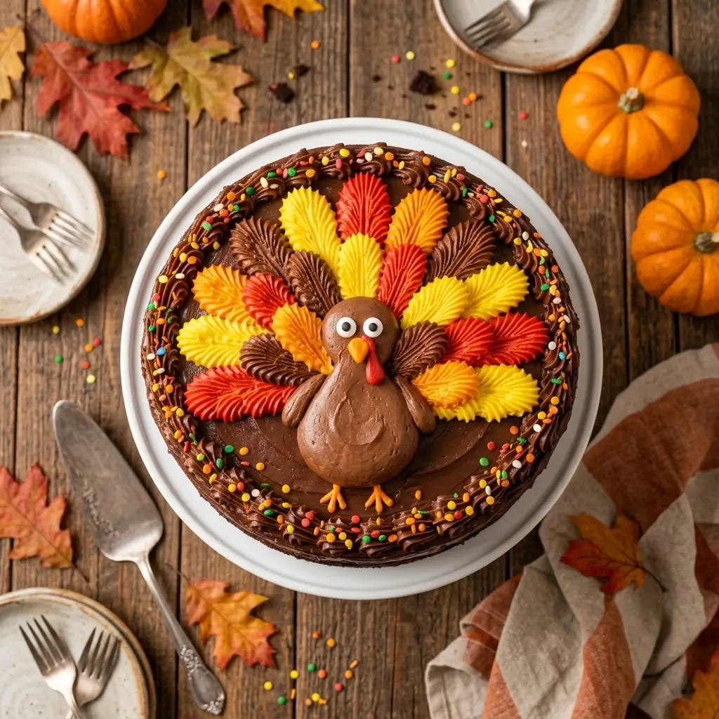 Thanksgiving Chocolate Cake (topped With Colorful Frosting Features An Easy Turkey Design)
