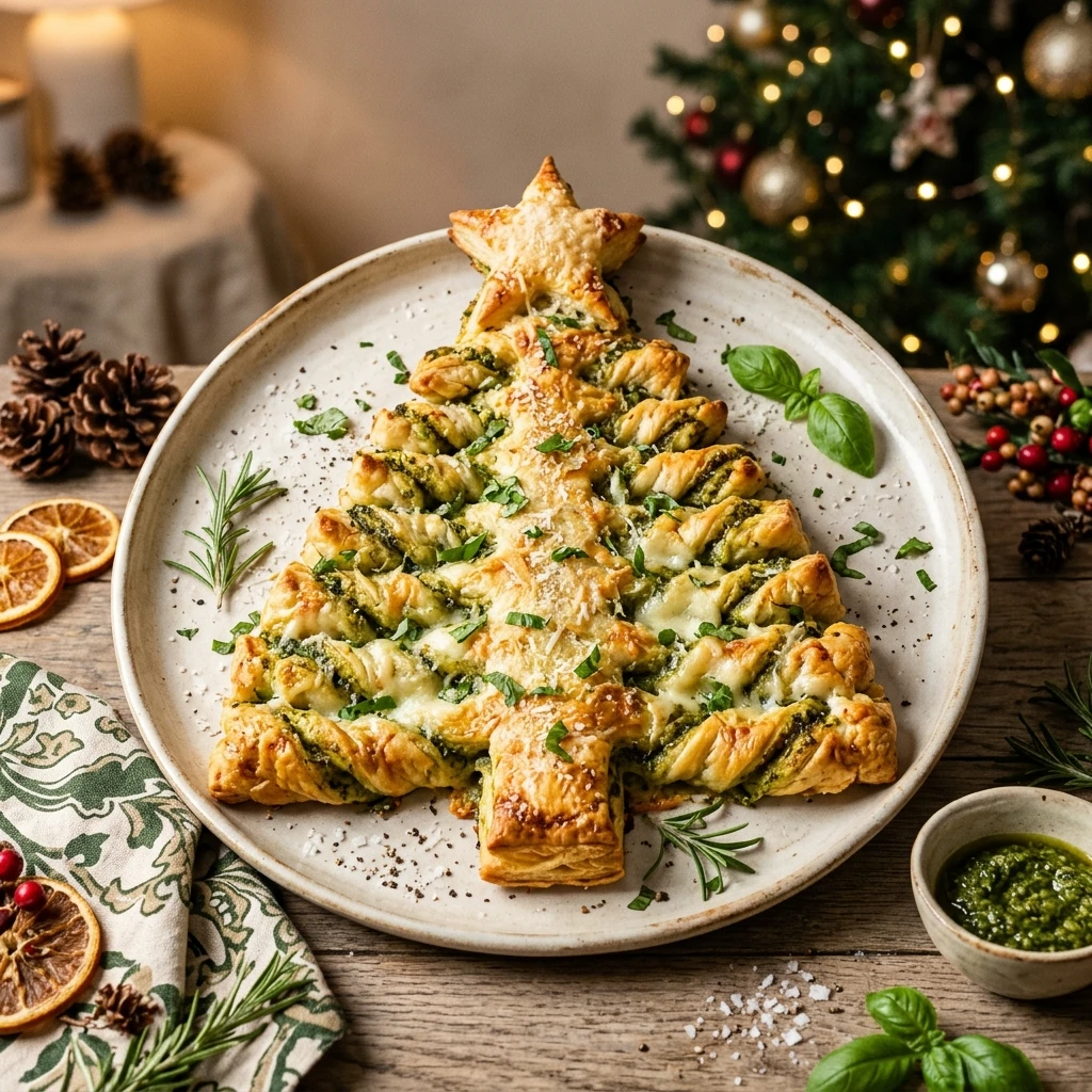 Basil Pesto Cheesy Puff Pastry Christmas Tree
