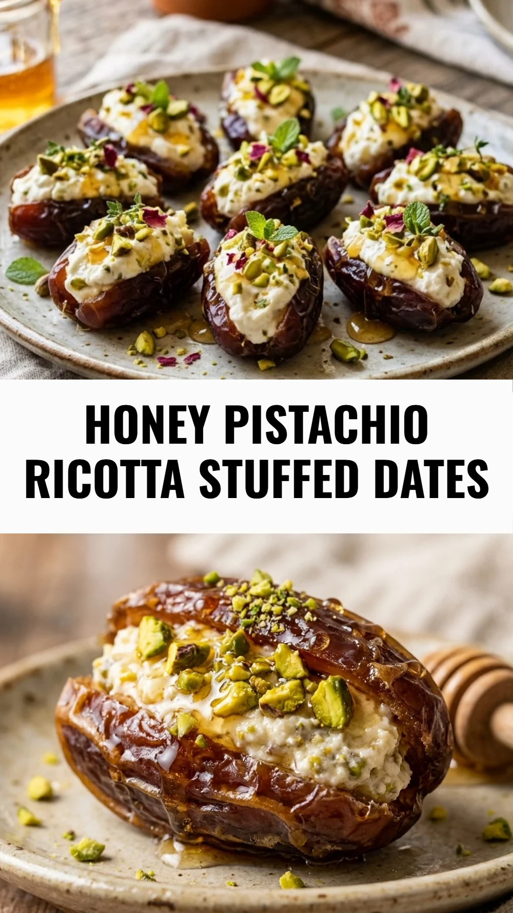 Honey Pistachio Ricotta Stuffed Dates