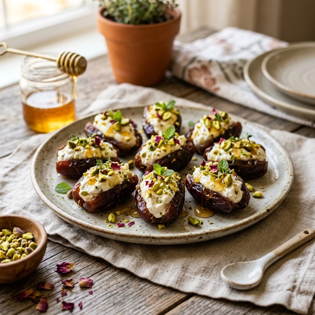 Honey Pistachio Ricotta Stuffed Dates