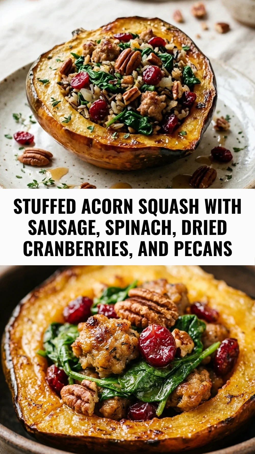 Stuffed Acorn Squash with Sausage, Spinach, Dried Cranberries, and Pecans