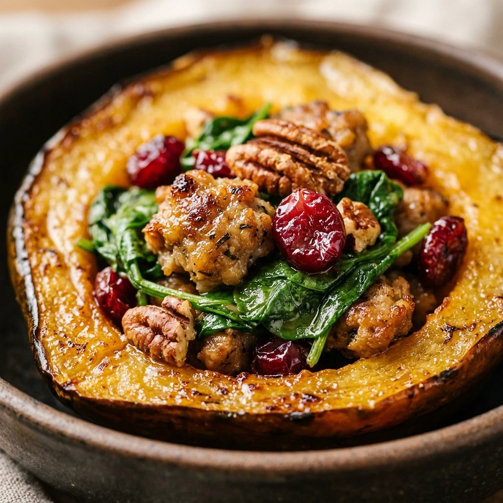 Stuffed Acorn Squash with Sausage, Spinach, Dried Cranberries, and Pecans