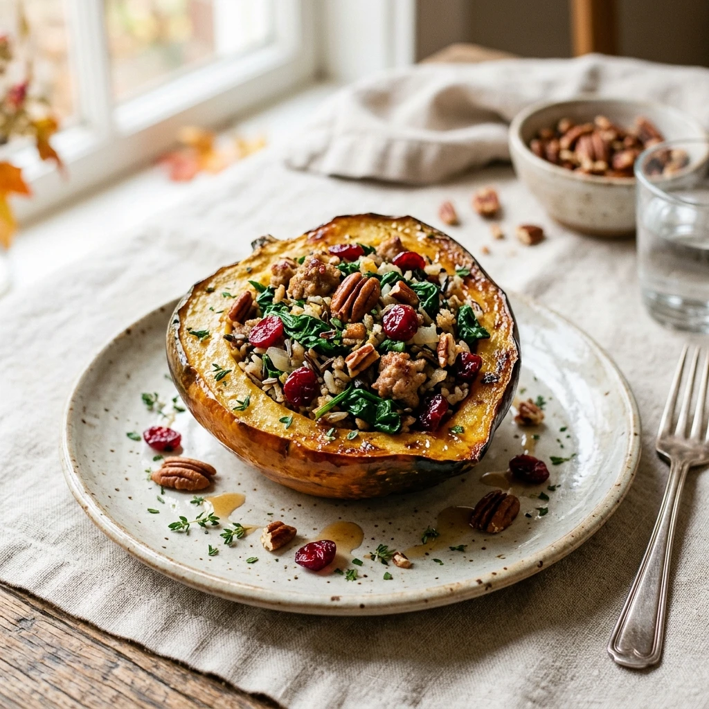 Stuffed Acorn Squash with Sausage, Spinach, Dried Cranberries, and Pecans